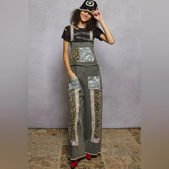 POL Patchwork Leopard Print Floral Camo Patch Boho Overalls - Picture 12 of 16